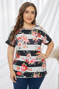 Plus Size Striped Floral Short Sleeve Top