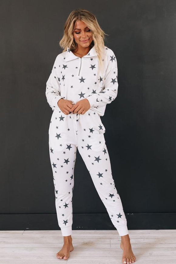 Star Print Zip Long Sleeve Top And Lounge Jogger Pants Set