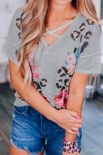 Light Gray Leopard Printed Criss-Cross Tee