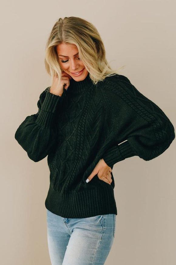 Black Housewarming Cable Knit Balloon Sleeve Sweater