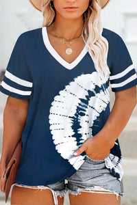 Blue Plus Size Tie-dyed Striped Short Sleeve