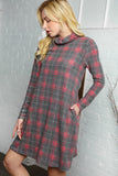 Plaid Cowlneck Dress with Side Pockets