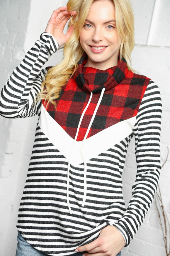 Chevron Red Plaid & Stripe Color Block Turtle Neck