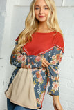 Floral Waffle Knit Out Seam Color Block Pullover