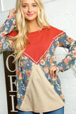 Floral Waffle Knit Out Seam Color Block Pullover