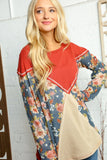 Floral Waffle Knit Out Seam Color Block Pullover