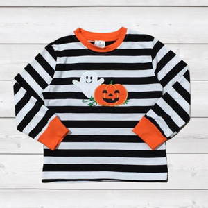 Black and White Striped Ghost & Pumpkin Appliqued Tee (FSP2025)