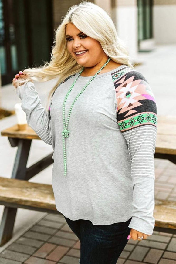 Aztec Stripes Raglan Sleeve Patchwork Plus Size Top Preorder