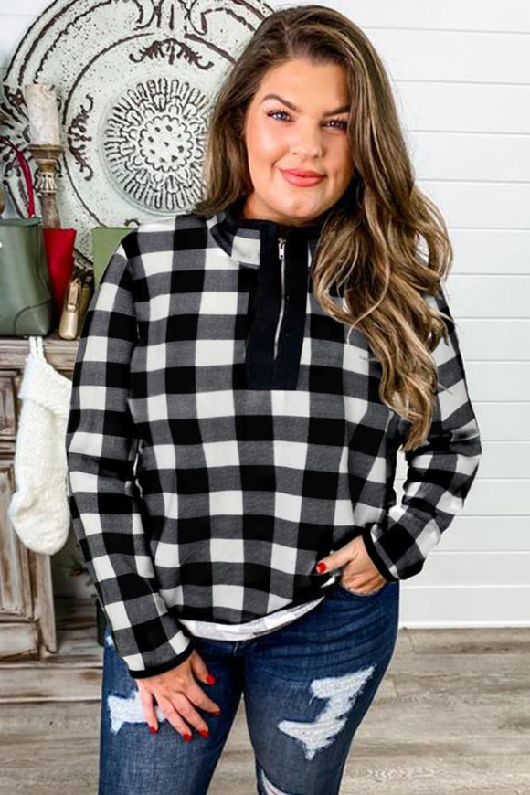 Plaid Print Mock Neck Long Sleeve Zipper Plus Size Sweatshirt Preorder