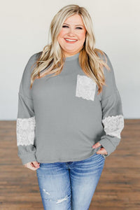 Lace Patchwork Waffle Knit Plus Size Blouse preorder