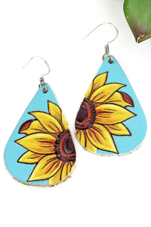 Sunflower Bloom Turquoise Faux Leather Earrings