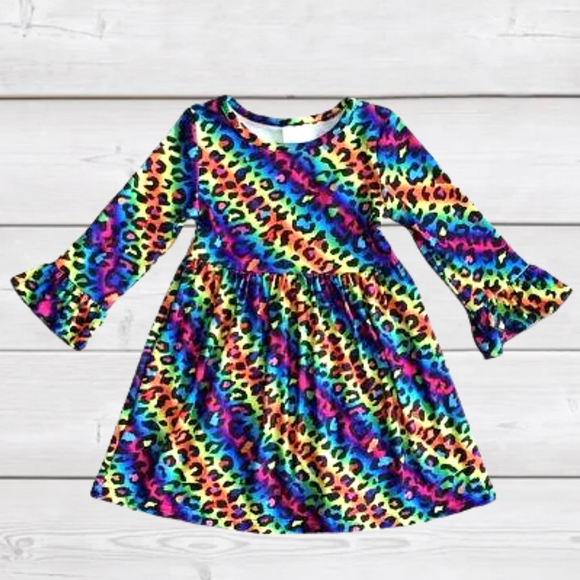 Psychadelic Prismatic Leopard Long Sleeve Ruffle Sleeve Dress-sparkledots-sparkledots