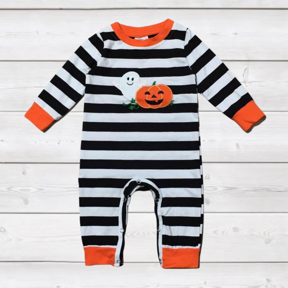 Black and White Striped Ghost & Pumpkin Appliqued Romper (FSP2024)