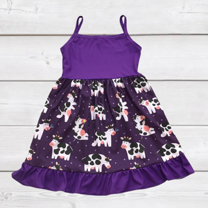 ComfyCute Sleeveless Ruffle Hem Dress - Silly Purple Cows-sparkledots-sparkledots