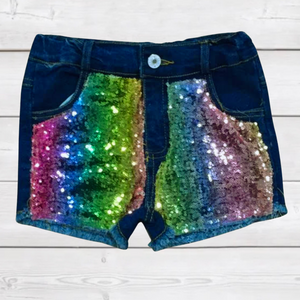 Rainbow Sequin Denim Shorts-sparkledots-sparkledots