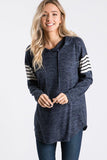 NAVY LONG SLEEVE SOLID AND STRIPE PRINT CONTRAST HOODIE