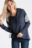 NAVY LONG SLEEVE SOLID AND STRIPE PRINT CONTRAST HOODIE