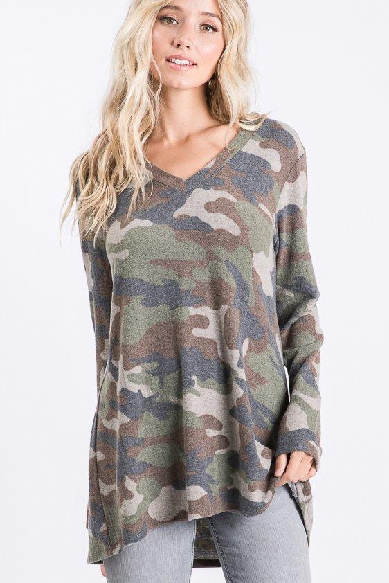 Plus Size Camo V Neck Long Sleeve Top