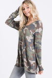 Plus Size Camo V Neck Long Sleeve Top