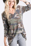 Plus Size Camo V Neck Long Sleeve Top