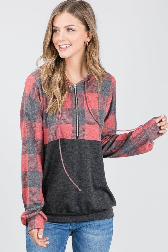 Red/Charcoal Plaid Half Zip Hoodie