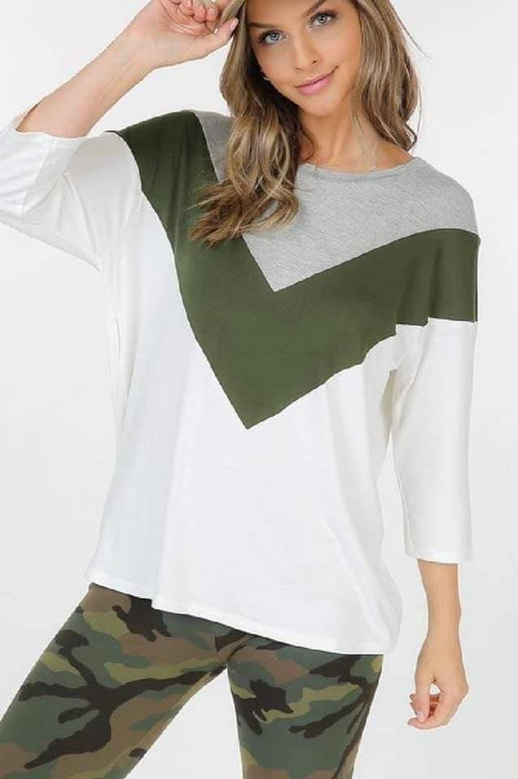 Grey Olive White Chevron Quartersleeve Top