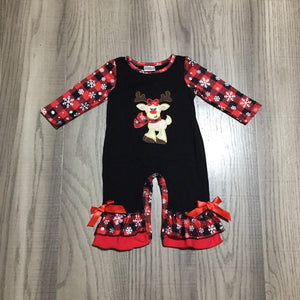 Reindeer Applique Deluxe Ruffle Snowflake Buffalo Plaid Romper